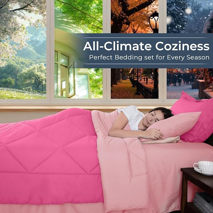 HEVUMYI Hot Pink & Baby Pink Twin Comforter Set - 5-Piece All Season Bed in a Bag Twin, Ultra Soft Bedding Set with Comforter, Flat Sheet, Fitted Sheet, Pillowcases, Pillow Shams