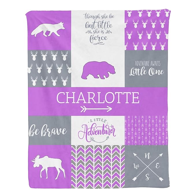 Baby Blanket with Name, Polyester Micro Soft Plush Baby Blankets for Girls with Print Animal Pattern, Double Layer Bed Throws for Crib, Bear and Deer, 35x45 Inches