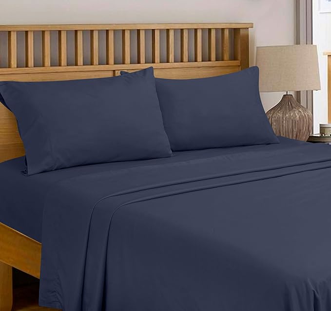 Royale Linens 300 Thread Count 100% Long Staple Combed Cotton Flat Sheet - Super Soft - Top Sheets - Twin Flat Sheet Sold Separately - Breathable, Cool & Crisp Percale Sheets Only (Twin, Navy)