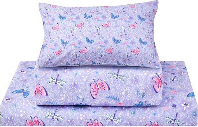 Kids Sheet Set Twin Size 3 Pcs, Girls Sheet Set with Floral Butterfly Pattern，Kids Twin Fitted Sheet，Breathable & Silky Soft Microfiber Fitted Sheet