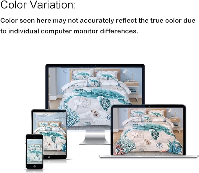 Bedbay Coastal Bedding Set Queen Size for Girls Boys - Soft Lightweight Ocean Bedding Quilt Set - Beach Room Decor 4 Pcs Retro Turtle Beach Theme Duvet Insert