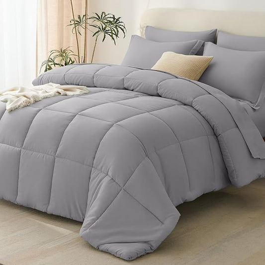 CozyLux Full Size Comforter Sets Grey - 7 Pieces Bed in a Bag Full, Oeko-Tex Certified Bed Set, All Season Soft Bedding Set with Down Alternative Comforter, Sheets, Pillowcases & Pillow Shams