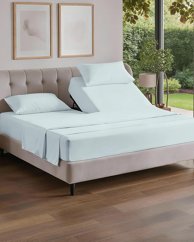 Split Head King Sheet Set – 4 Piece Flex Split Top King Sheets for Adjustable Beds - Fits 14” to 16" Mattress w/ Deep Pockets - Soft, Breathable & Cooling - Luxury Bedding and Wrinkle Free - Ice Blue
