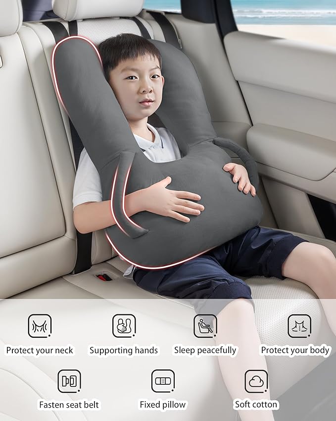 BEBAS U-Shaped Kids Travel Pillow for Car Travel Accessories for Children Adults - Soft Breathable Supports Neck Head for Sleeping - Adjustable Strap for Airplane Long Road Trip
