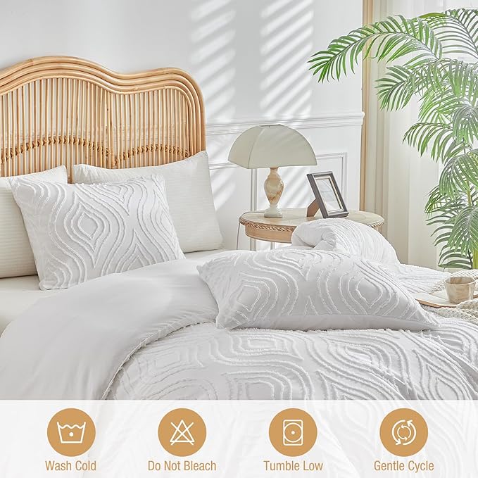 Lekesky White Duvet Cover Queen Size, Boho Tufted Textured Queen Duvet Cover Set 3pcs Ultra Soft Microfiber Breathable Shabby Chic Bedding Sets with Zipper Ties (No Comforter)