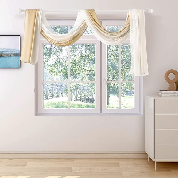 NAPEARL Ombre Window Scarf Valance, Romantic Gradient Voile Scarf Valance for Ceremony Backdrop, Wedding Arch, Kids Bedroom, Decorative Swag Curtain 144 Inches, Beige