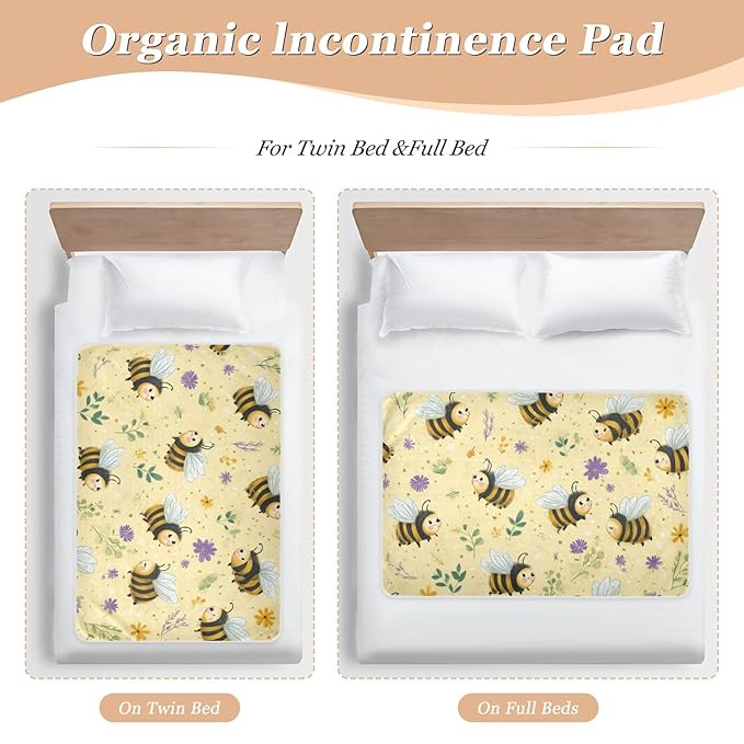 Waterproof Bed Pad Reusable Changing Pad Toddler Mattress Protector Large Pee Pad Baby Diaper Pad Soft Washable Liner Light Yellow Bees Floral Dots