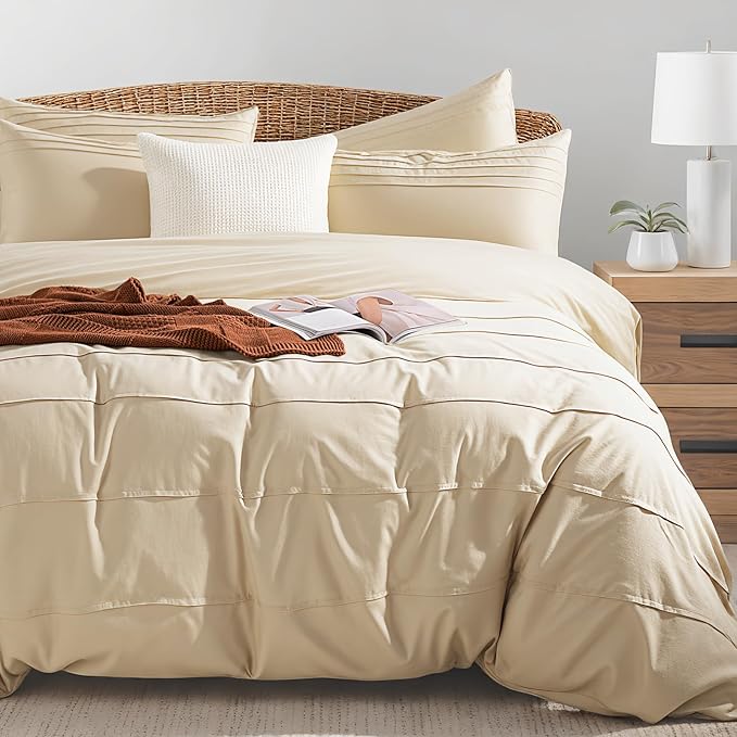 NEXHOME PRO 100% Organic Cotton Duvet Cover Full, Linen Like Pleated Textured Duvet Cover Set Yellow Tan, 3pc Bedding Set with Zipper Closure, Soft, Lightweight and Breathable(80"x90", No Comforter)