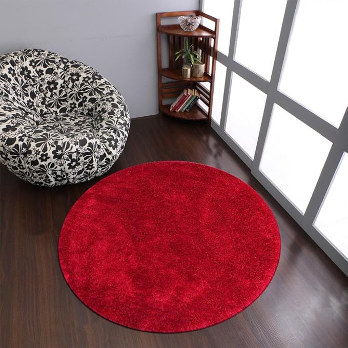 Hand Tufted SHAG Polyester ECO-Friendly Area Rugs - 8'x8', Round, Dark Pink, Solid Plain Design, High Pile Thick Handmade Anti Skid Area Rugs for Living Room, Bed Room K00111