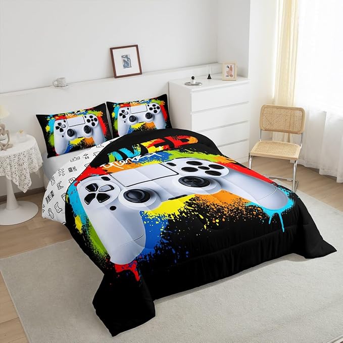 Gamer Comforter Sets for Boys Kids Gaming Comforter Twin Size Teens Girls Colorful Rainbow Tie Dye Decor Video Games Controller Bedding Set Young Men Player Reversible Quilt Set for All Season 2Pcs