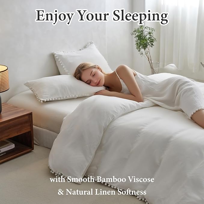 Simple&Opulence French Linen Blended Duvet Cover King, Flax Viscose Derived from Bamboo Bedding Set with Pom Pom Trim Soft Cooling for Hot Sleepers, 1 Boho Comforter Cover and 2 Pillow Shams, White