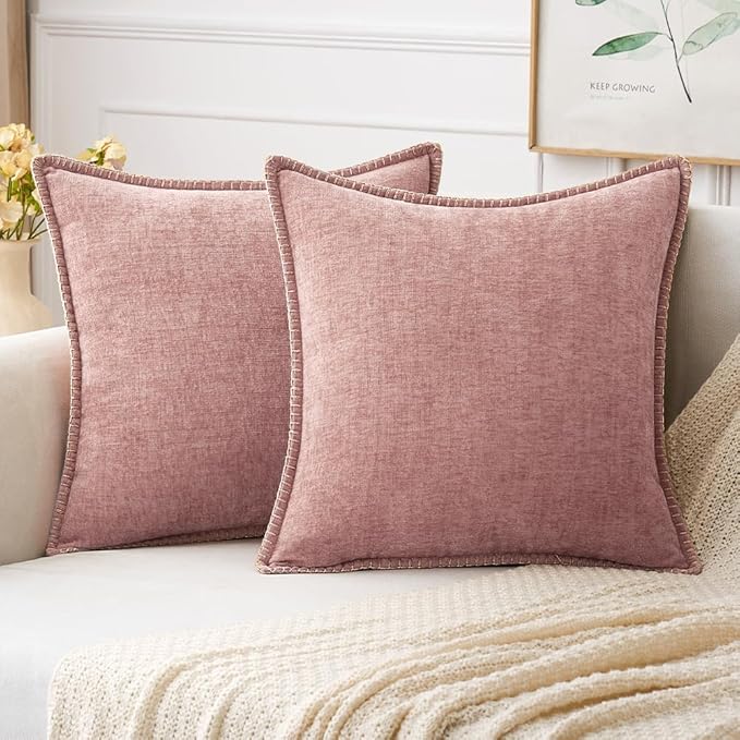 MIULEE Pack of 2 Valentines Couch Throw Pillow Covers 18x18 Inch Blush Pink Farmhouse Decorative Pillow Covers with Stitched Edge Soft Chenille Solid Dyed Spring Pillow Covers for Sofa Bed Living Room