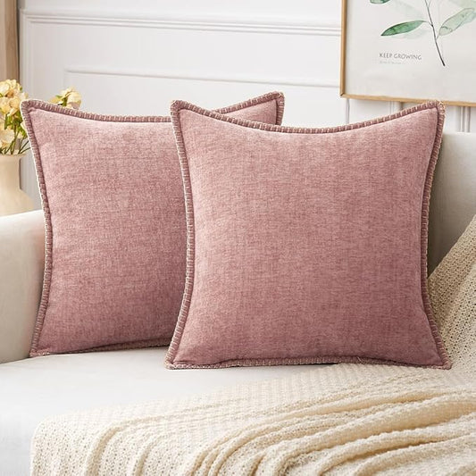 MIULEE Pack of 2 Valentines Couch Throw Pillow Covers 18x18 Inch Blush Pink Farmhouse Decorative Pillow Covers with Stitched Edge Soft Chenille Solid Dyed Spring Pillow Covers for Sofa Bed Living Room
