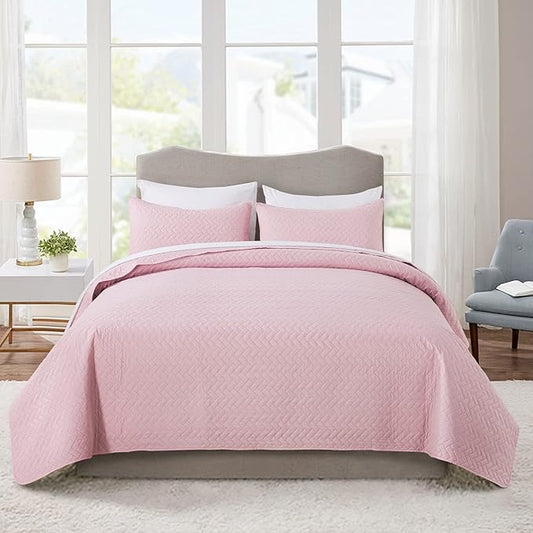 JML Quilts Set, Bedspread Coverlet Set with Pillowcases - 3 Piece Soft and Lightweight Bed Quilt for Spring, Autumn and Summer (Embossed Weave - Pink, King(92"x104"))
