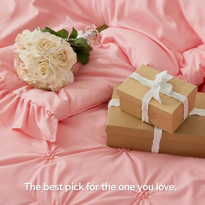 BEDELITE Pink Comforter Set Queen - 3 Pieces Boho Ruffle Pintuck Bedding Comforter Sets, Lightweight Soft & Warm Bed Comforter with 2 Pillowcases for Spring,Valentines Day Gift