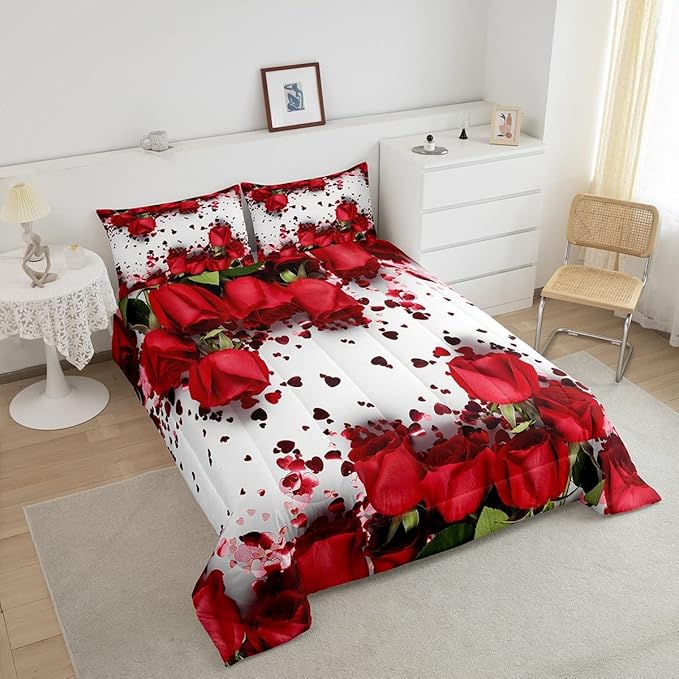 Feelyou Rose Comforter Red Rose Petals Bedding Set Floral Bouquet Botanical Design Comforter Set Romantic Flowers Microfiber Duvet Set Valentine's Day Couple Lover Room Decor Quilt Set King Size
