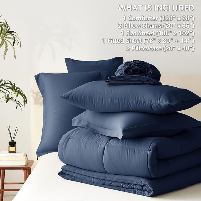 CozyLux Oversized King Comforter Sets Navy Blue, 7 Pieces Bed in a Bag, 120x98 Box Stitched Design Bedding Set, All Season Soft Bed Set with Down Alternative Comforter, Sheets, Pillowcases & Shams