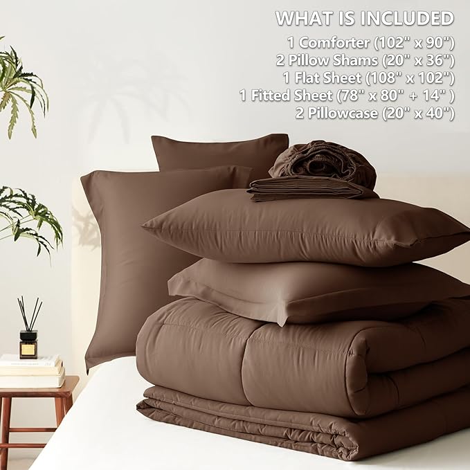 CozyLux King Size Comforter Set Brown - 7 Pieces Bed in a Bag King, Okeo-Tex Certifited Bedding Set, All Season Soft Bed Set with Down Alternative Comforter, Sheets, Pillowcases & Pillow Shams