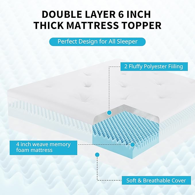 HOMBYS 6 Inches Thickness Mattress Topper Twin Size, Dual Layer Design Soft Pillow Top Mattress Topper, Puffy Mattress Pad Topper for Back Pain Reilef