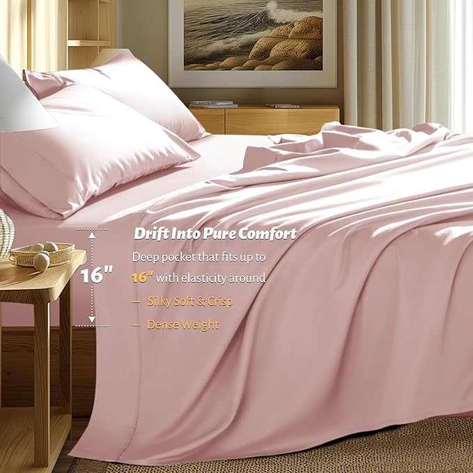Shilucheng 100% Egyptian Cotton Queen Size Sheets Set - 1000 Thread Count，Luxury Cotton Bed Sheets，Breathable & Cooling Bedding and Pillow Cases, 16 Inch Deep Pocket - 4 Piece (Pink, Queen)