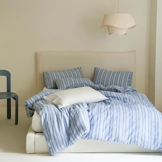 Blue Striped Duvet Cover Set Full, Stripes Pattern Printed 100% Washed Cotton Bedding Set, Minimalist Blue White Striped Comforter Cover with 2 Pillowcases, 3 Pieces Soft Breathable Duvet Cover Full