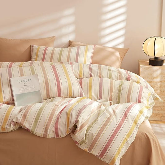 mixinni Vintage Striped Duvet Cover Set King, 3-Piece Washed Cotton Bedding Set - Soft, Breathable & Colorful Marble Stripe Pattern, All-Season Comforter Cover with Zipper-King Size