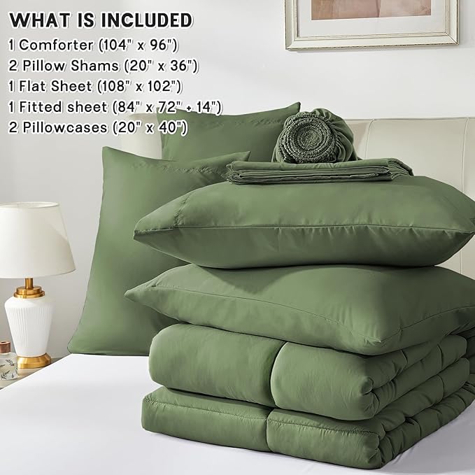 Anluoer California King Size Bed in a Bag 7 Pieces,Olive Green Cal King Comforter Set with Sheets,All Season Bedding Sets with Comforter,Pillow Shams,Pillowcases,Flat Sheet,Fitted Sheet