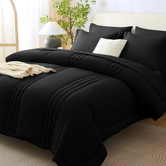 CozyLux California King Size Comforter Set - 7 Pieces Bed in a Bag Black Comforter Set with Sheets Cal King, Soft Bedding Set with Down Alternative Comforter, Sheets, Pillowcases & Shams