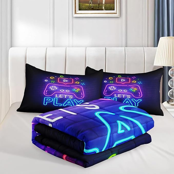 6 PCS Gaming Bedding Sets,Purple Gaming Comforter Set for Boys,Kids Bedding Set for Boys,Full Size Bedding Sets for Boy,Bed in A Bag with Sheets(Full,Purple Color)