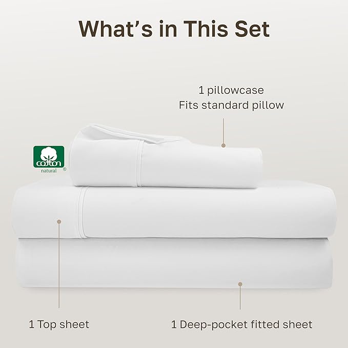 California Design Den Natural 100% Cotton Sheets, Twin Sheets Set, 400 Thread Count Sateen Bedding for Dorm Rooms & Adults, Deep Pockets with All Around Elastic, Durable - Antique White