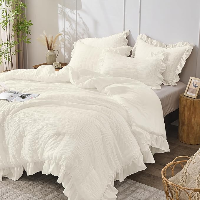JOLLYVOGUE Ivory Queen Comforter Set, 3 Pieces Seersucker Comforters Queen Size, Lightweight & Fluffy Bedding Sets Queen for All Season with 1 Ruffle Comforter and 2 Ruffle Pillowshams