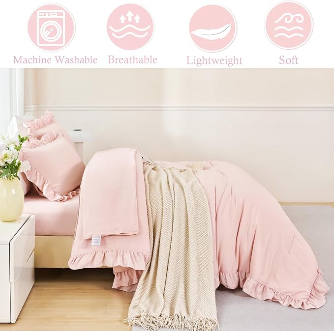 ANGIYUIN 5 Pieces Blush Pink Queen Size Comforter Set Ruffle Bedding Sets Soft Farmhouse Bed in A Bag with Sheets Solid Solor Fluffy Bed Sets with Pillowcases(Blush Pink Queen)