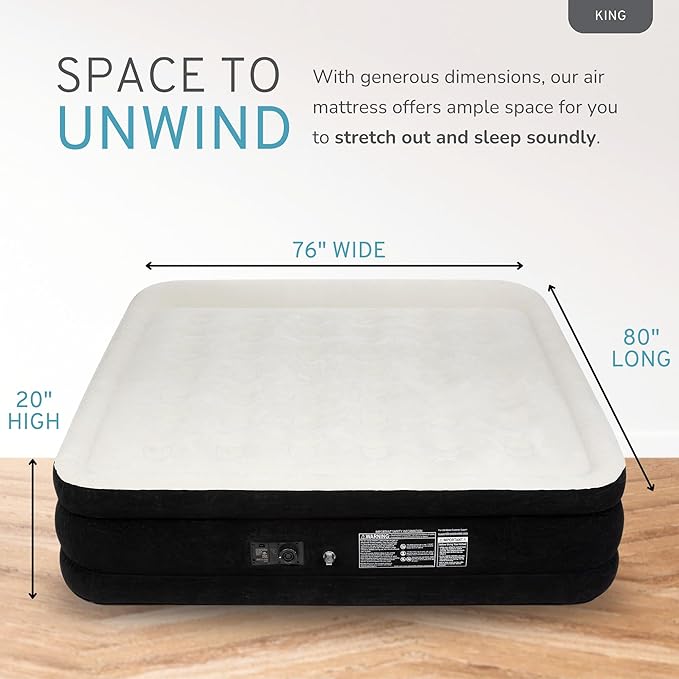 RestElevated Luxury Pillow Top King Size Air Mattress with Built in Pump | 20" Raised Height with Coil Beam Support | Adjustable Blow Up Air Bed | for Home, Guests and Camping [Black with Cream Top]