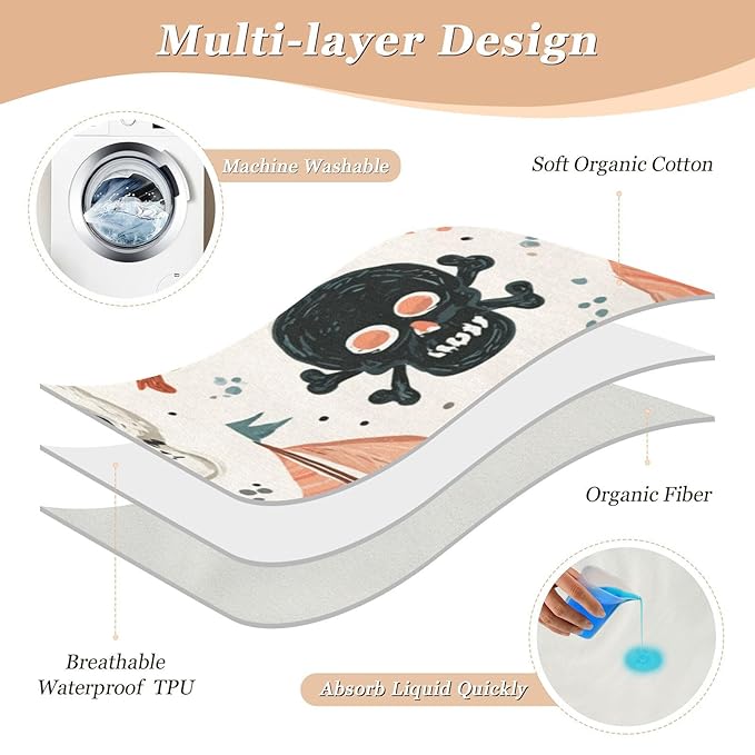 Waterproof Bed Pad Reusable Changing Pad Toddler Mattress Protector Large Pee Pad Baby Diaper Pad Soft Washable Liner Beige Pirate Skulls Sailboats Starfish Compass