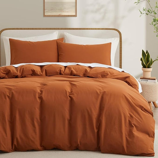 LOVQUE Burnt Orange Cotton Duvet Cover Twin Size, Linen Like Natural Bedding Set with Zipper Closure (No Comforter), 68x90 Inches