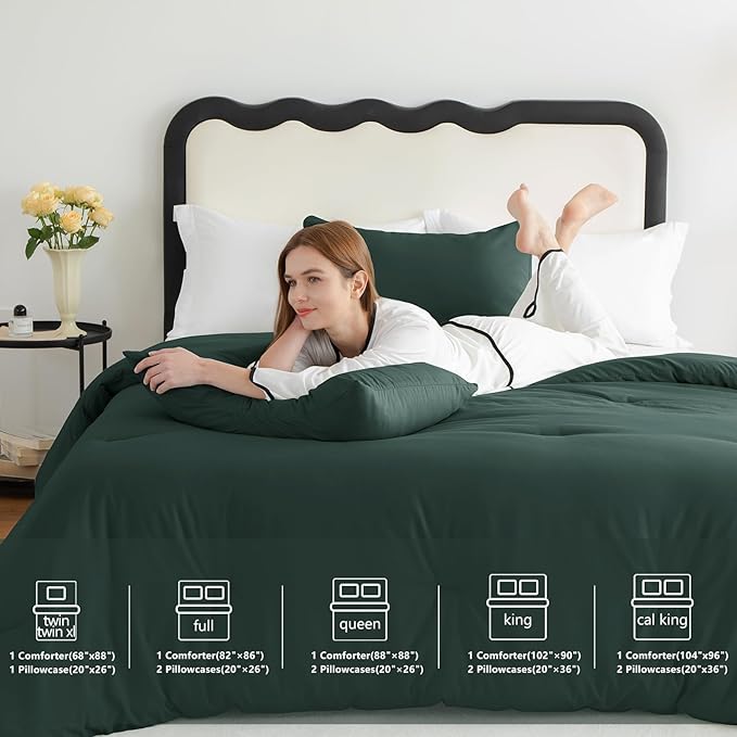 CozyLux King Size Comforter Set Forest Green, 3 Pieces Solid Breathable Quilted Style Bedding Sets, Luxury Soft Bed Set with Down Alternative Comforter for All Season (1 Comforter & 2 Pillowcases)