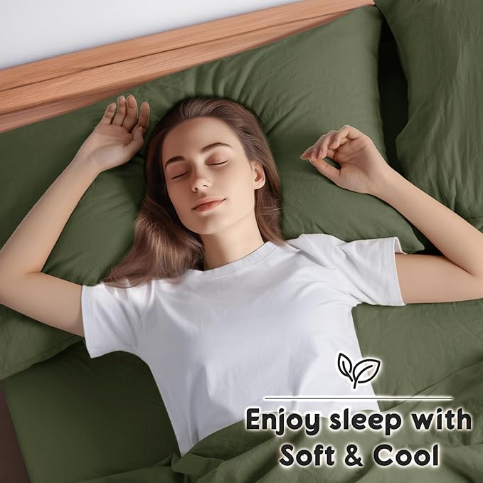 SONORO KATE 100% French Pure Linen Queen Size Sheets, Breathable and Durable, 16 Inch Deep Pocket - 4 Piece (Olive Green)