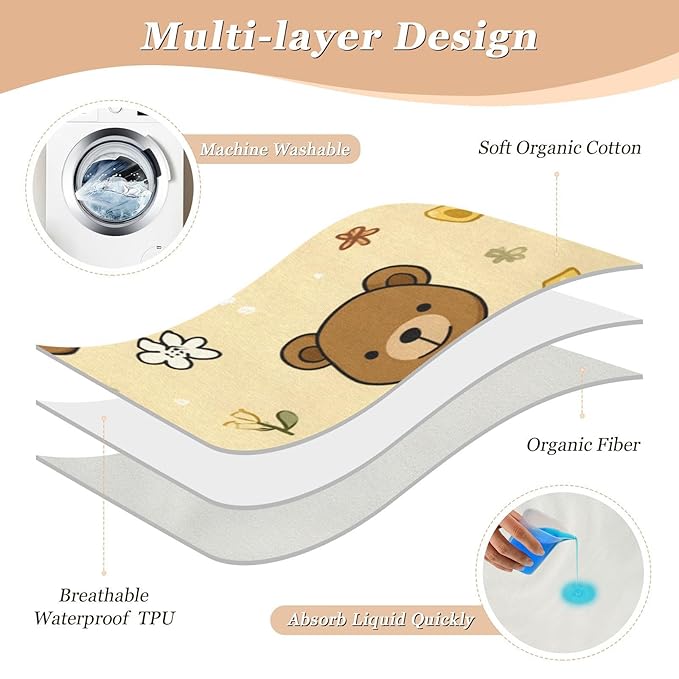 Waterproof Bed Pad Reusable Changing Pad Toddler Mattress Protector Large Pee Pad Baby Diaper Pad Soft Washable Liner Brown Bear Bees Honey Yellow