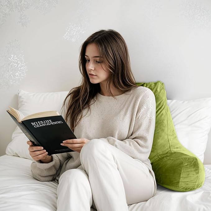 Reading Pillow for Sitting in Bed Adult, X-Large Reading Pillow with Shredded Memory Foam, Back Pillow for Sitting Up with Extend Arms, Pockets, Bed Pillow with Washable Cover, FluorescentGreen