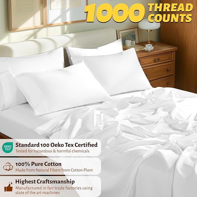 Shilucheng 100% Egyptian Cotton King Size Sheets Set - 1000 Thread Count，Luxury Cotton Bed Sheets，Breathable & Cooling Bedding and Pillow Cases, 16 Inch Deep Pocket - 6 Piece (White, King)