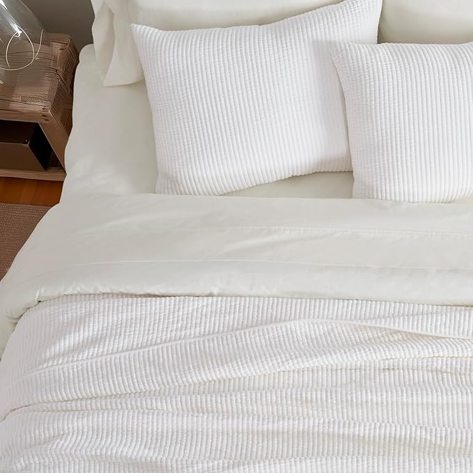 EVERGRACEHOME Cotton Coverlet Set Full Queen Size 3 Pieces, Lightweight Soft Ribbed Matelassé Bedspread Quilt Set, Cozy Oversized Quilted Bedding Set with 2 Pillow Shams for All Seasons, Ivory White