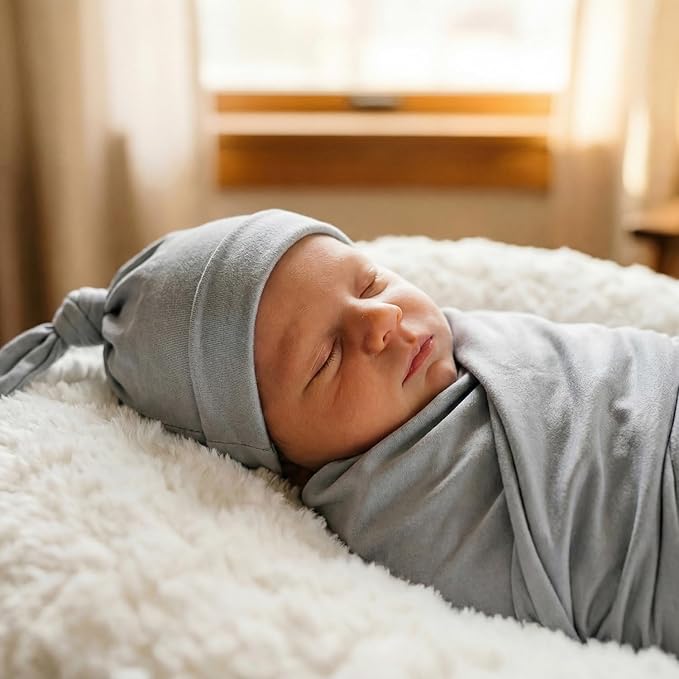Large Jersey Knitted Swaddle Blanket for Baby, Soft Stretchy Receiving Blanket for Newborns with Hat, Baby Nursery Swaddle 47 x 47 inches(Gray)