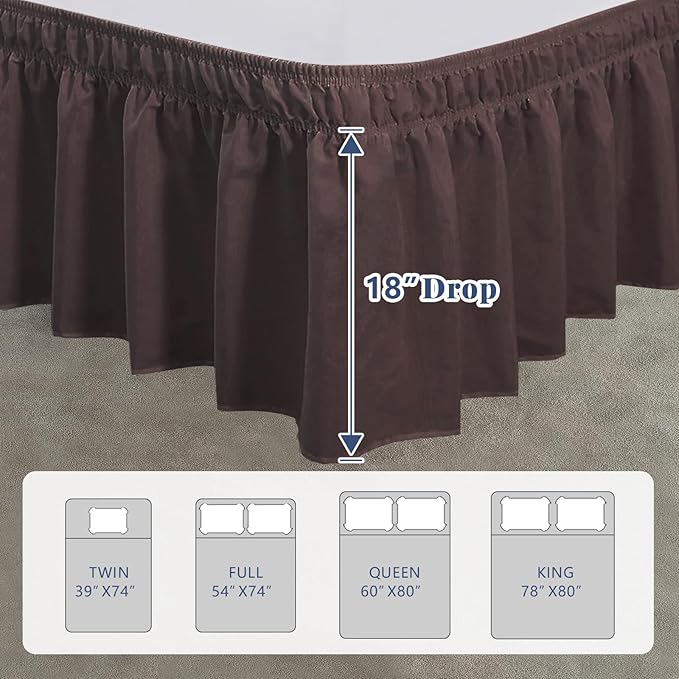 Twin Bed Skirt, Elastic Wrap Around Bed Skirt Twin Size, Bed Skirts for Adjustable Bed, Easy Fit with 18" Drop Length Tailored Drop Dust Ruffle (Brwon)