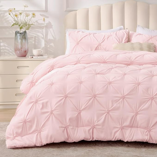 BEDELITE Baby Pink King Size Comforter Set - 3 Pieces Boho Pintuck Bedding Comforter Sets, Lightweight Soft & Warm King Bedding Set with 2 Pillowcases for All Season