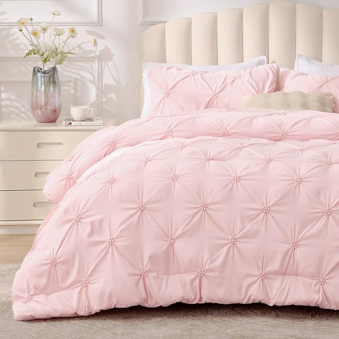 BEDELITE Baby Pink Comforter Set Full - 3 Peices Boho Pintuck Bedding Comforter Sets, Lightweight Soft & Warm Twin Bedding Sets with 2 Pillowcase for All Season