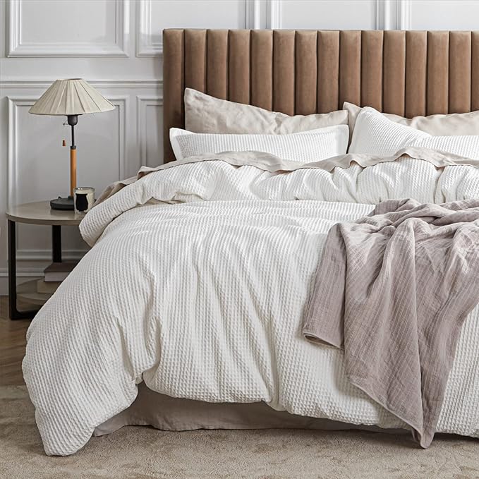 Bedsure Cotton Duvet Cover Full - 100% Cotton Waffle Weave Coconut White Duvet Cover Set, GentleSoft™ and Breathable Bedding Set for All Season, 3 Pieces, 80"x90"