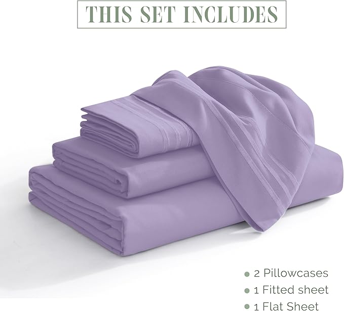 Elegant Comfort Luxurious 1500 Premium Hotel Quality Microfiber Three Line Embroidered Softest 4-Piece Bed Sheet Set, Wrinkle and Fade Resistant, Full, Lavender