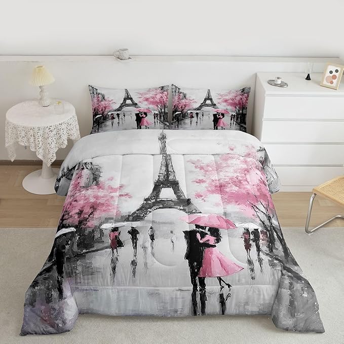 Pink Paris Bedroom Comforter Set Queen,Pink Grey Eiffel Tower Bedding Set For Teens Girls Women Paris Themed Room Decor,Retro Cherry Blossoms Couple Comforter Valentine's day Gifts Quilt Dark Gray