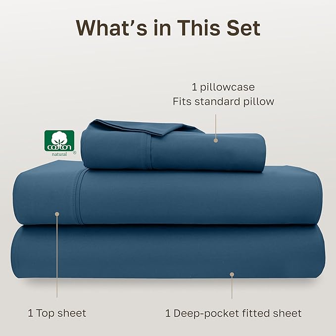 California Design Den Twin XL Sheet Sets - 400 Thread Count Sateen, 100% Cotton Sheets Set, Deep Pockets, and Durable Bedding for Dorm Rooms & Adults - Peacock Blue