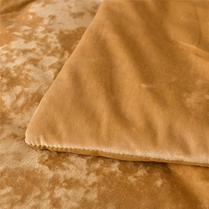 Sunshine Nicole Distressed Velvet Comforter Set, Distressed Velvet Face and Brushed Solid Microfiber Reverse, with Light Weight Soft Poly Fill, 5 Pieces Deco Gold, King